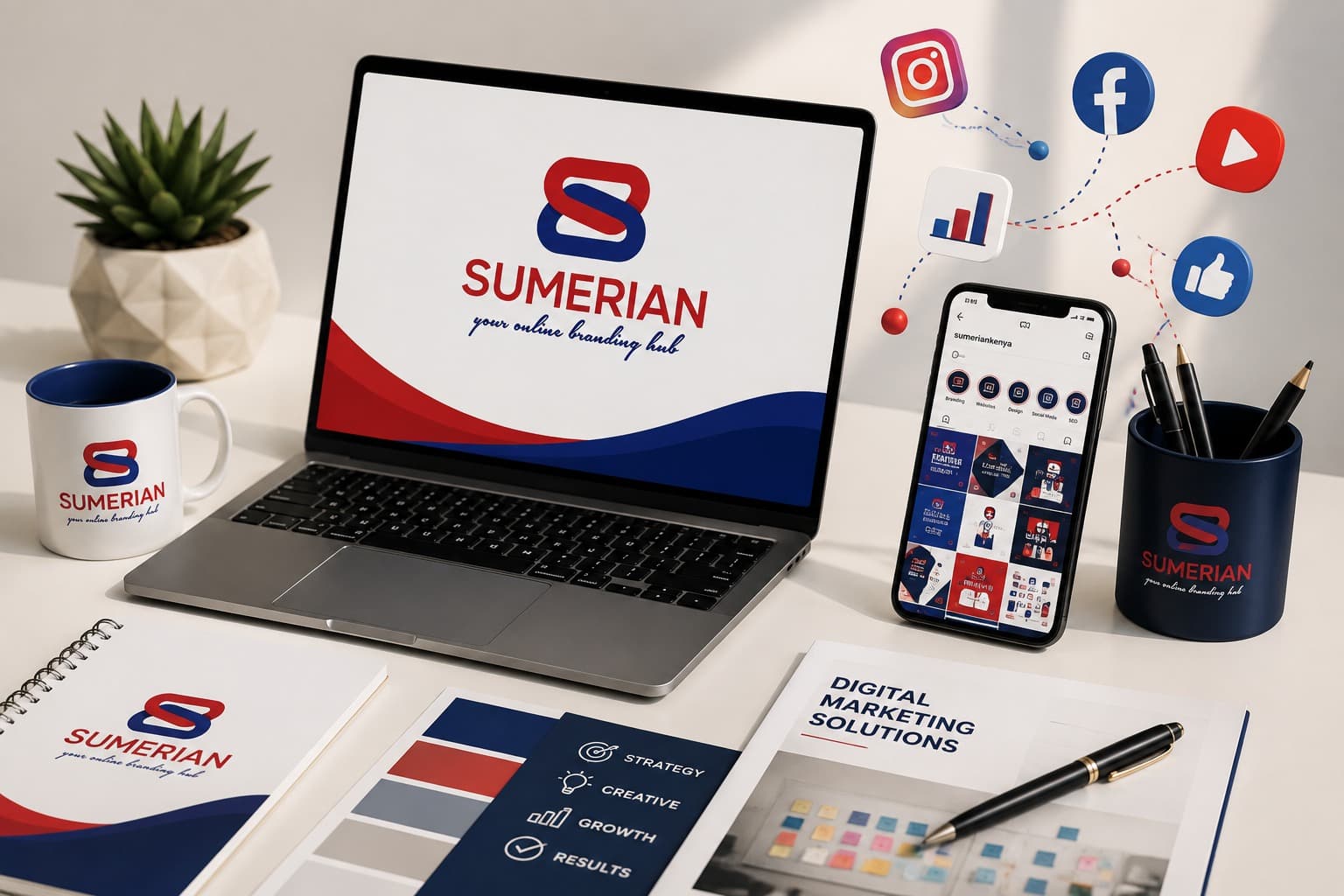Sumerian Kenya branding shown across a laptop, phone, mug and print materials, with social media icons
